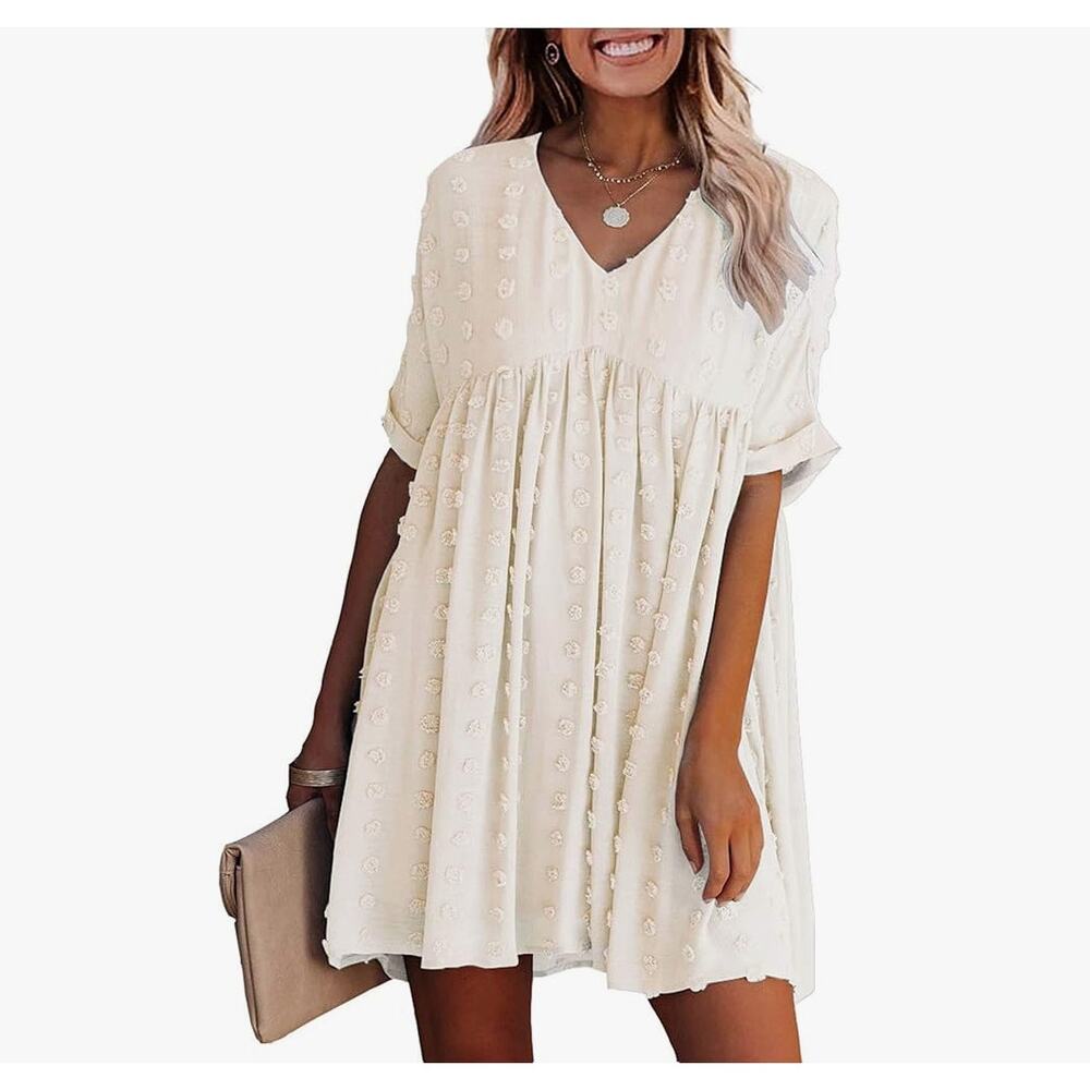 Kirundo White Swiss Dot Chiffon Babydoll Short Sleeve Dress